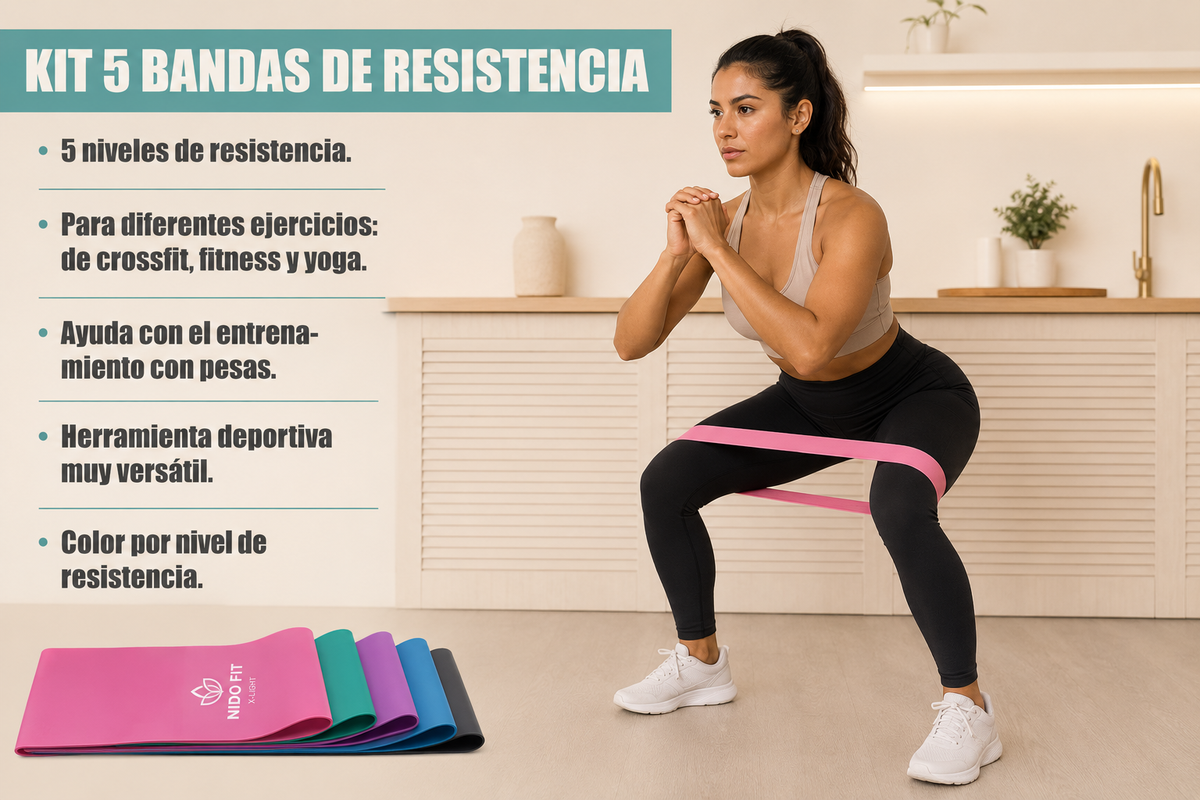 Kit Premium de 5 Bandas Elásticas de Resistencia NIDO FIT™ | 5 Niveles para Glúteos, Piernas, Yoga y Entrenamiento Funcional